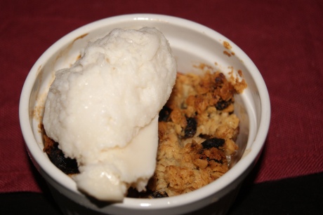 Apple crumble and home-made maple syrup and rum ice cream